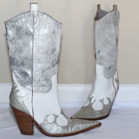 Para Raio White Silver Leather Pointed Toe Brazilian Cowgirl Boots Women's 10M - Picture 3 of 16